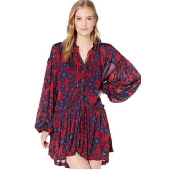 Free People Love Letter Tunic Mini Dress XS Sheer Balloon Sleeves Lace Boho Red - Picture 1 of 11